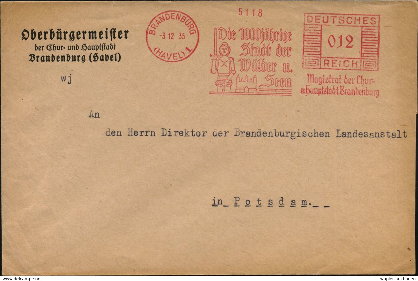 BRANDENBURG/ (HAVEL)1/ Die 1000jährige/ Stadt D./ Wäler U./ Seen/ Magistrat.. 1935 (3.12.) Dekorativer AFS = Roland Mit  - Autres & Non Classés