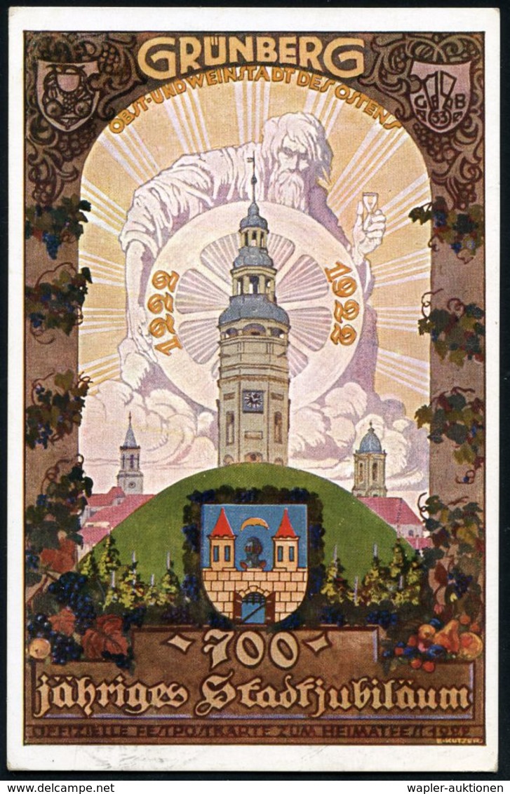 GRÜNBERG/ (SCHLES)/ 700 JÄHR.STADTJUBILÄUM 1922 (4.6.) Seltener HWSt 3x Klar Auf Künstler-Color-Jubil.-Sonderkarte: 700- - Sonstige & Ohne Zuordnung