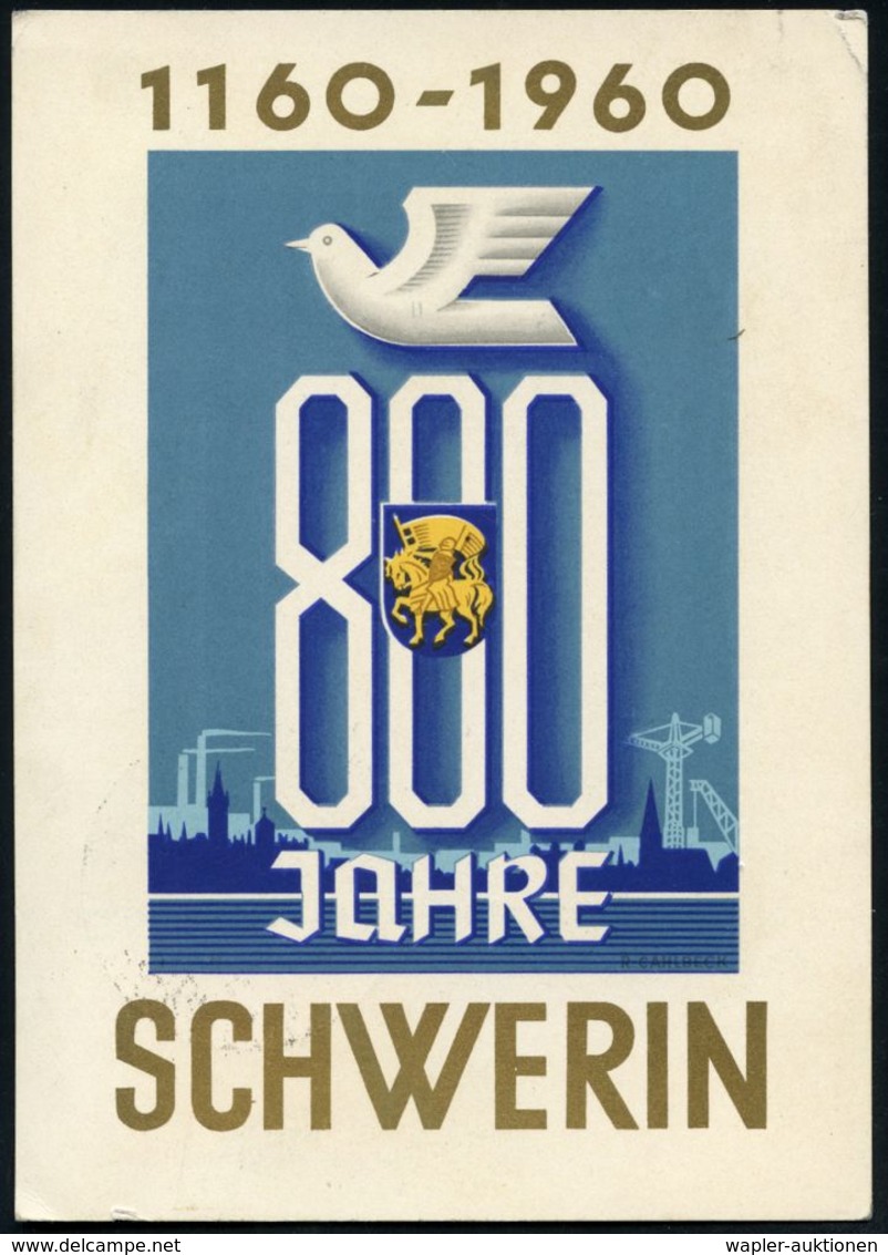 SCHWERIN (MECKL) 1/ 800-JAHRFEIER/ KREIS-BRIEFM.-AUSST. 1960 (Juni) SSt = Reiter Mit Flagge (= Stadtwappen U. Ortssilhou - Autres & Non Classés