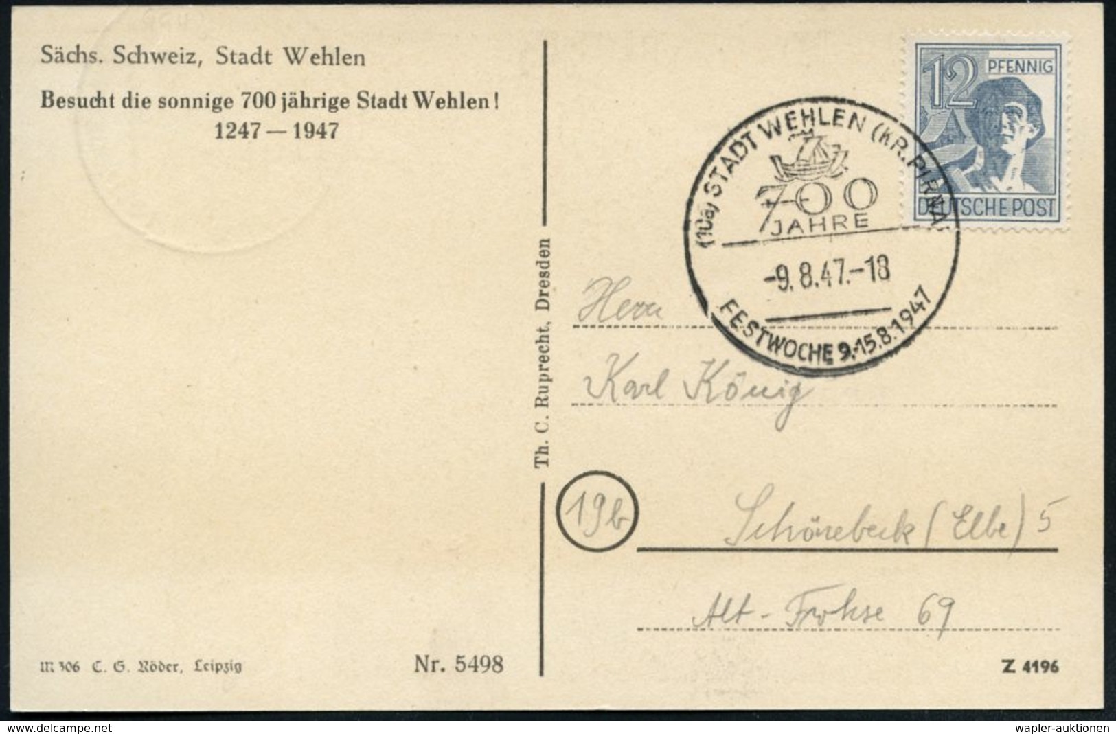 (10a) STADT WEHLEN (KR.PIRNA)/ 700/ JAHRE/ FESTWOCHE 9.-15.8. 1947 (9.8.) SSt Vom Eröffnungstag = Hanse-Kogge , Vs./rs.  - Autres & Non Classés