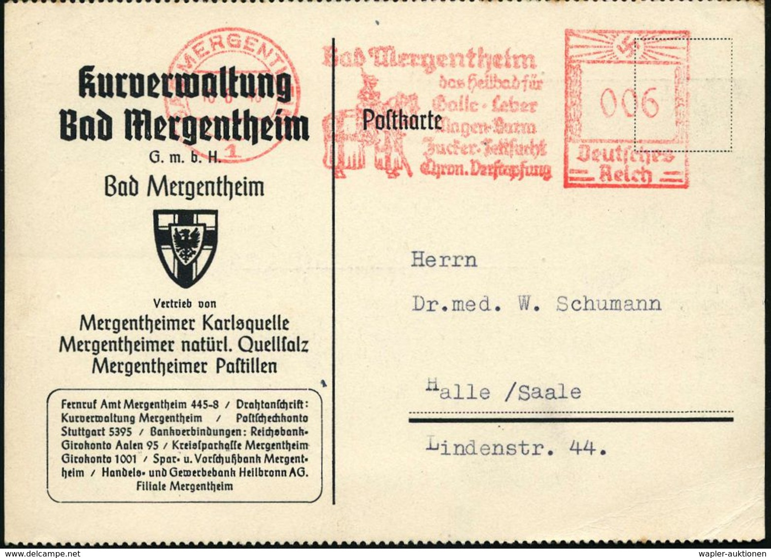 BAD MERGENTHEIM/ 1/ Das Heilbad Für/ ..Zucker-Fettsucht.. 1940 (16.8.) AFS = Betender Kreuzritter Zu Pferd , Klar Gest.  - Autres & Non Classés