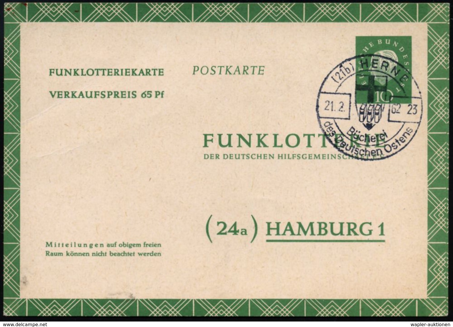 (21b) HERNE/ Bücherei/ D.Deutschen Ostens 1962 (21.2.) HWSt = Kreuzritterschild (u. 3 Bücher) Klar Gest. Funklotterie-FP - Autres & Non Classés