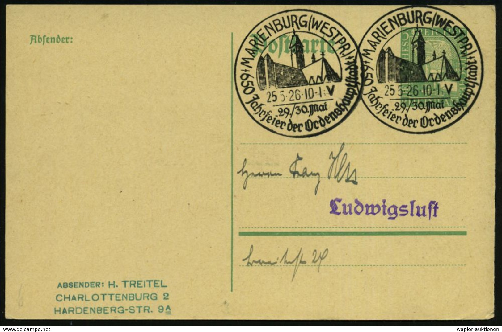 MARIENBURG (WESTPR.)/ 650 Jahrfeier Der Ordenshauptstadt 1926 (25.5.) Seltener HWSt = Ordenskirche 2x Glasklar Gest. Inl - Autres & Non Classés