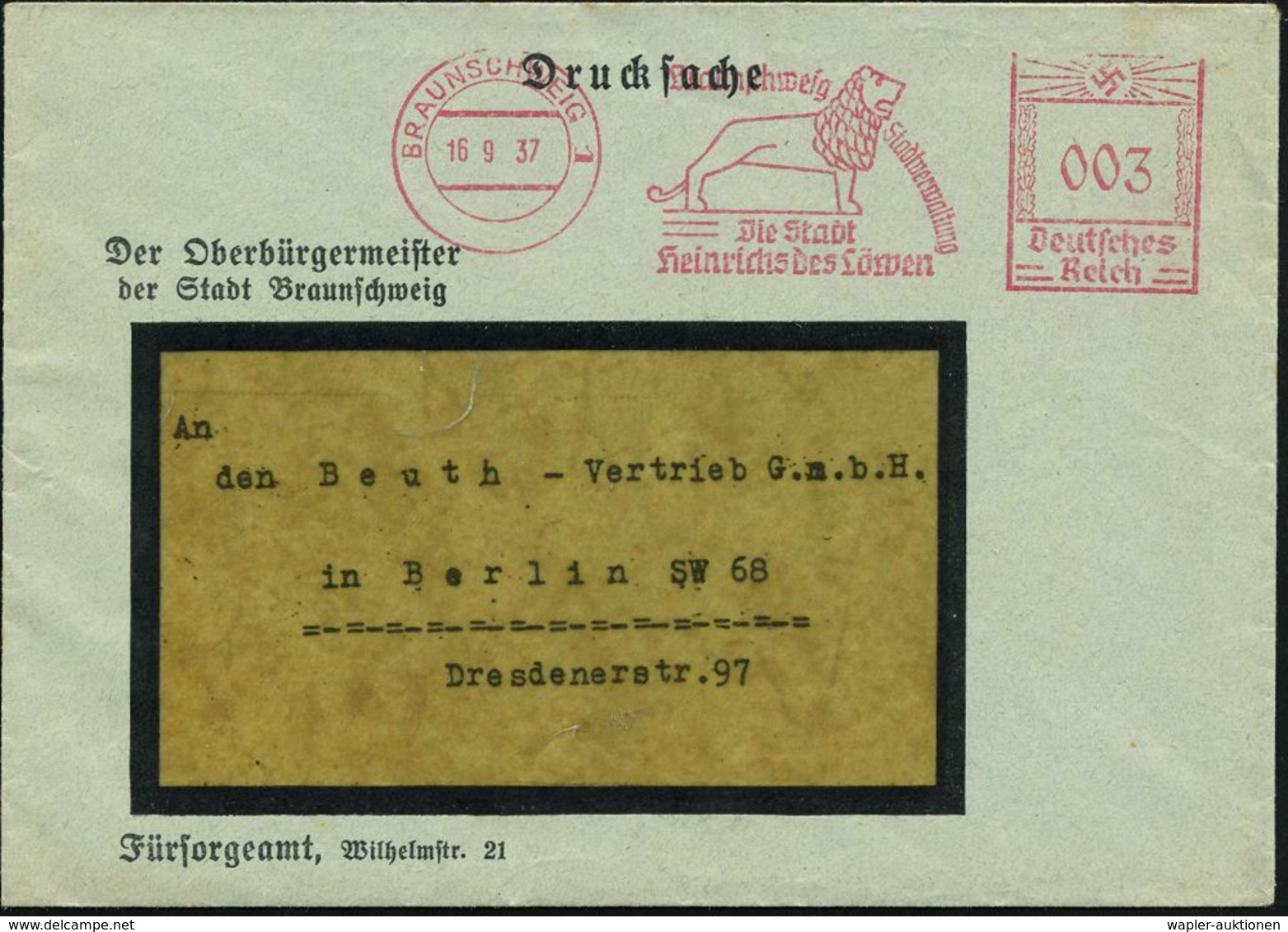 BRAUNSCHWEIG 1/ Stadtverwaltung/ Die Stadt/ Heinrichs Des Löwen 1937 (16.9.) AFS = Löwen-Denkmal (nach Rechts) Klar Gest - Autres & Non Classés