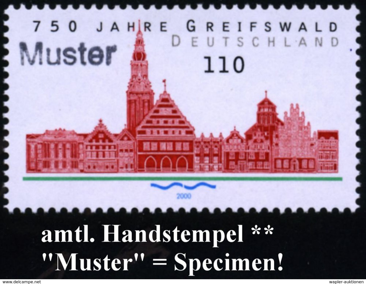 Greifswald 2000 (Apr.) 110 Pf. "750 Jahre Greifswald" + Amtl. Handstempel  "M U S T E R" , Postfr. + Amtl. Ankündigungsb - Autres & Non Classés