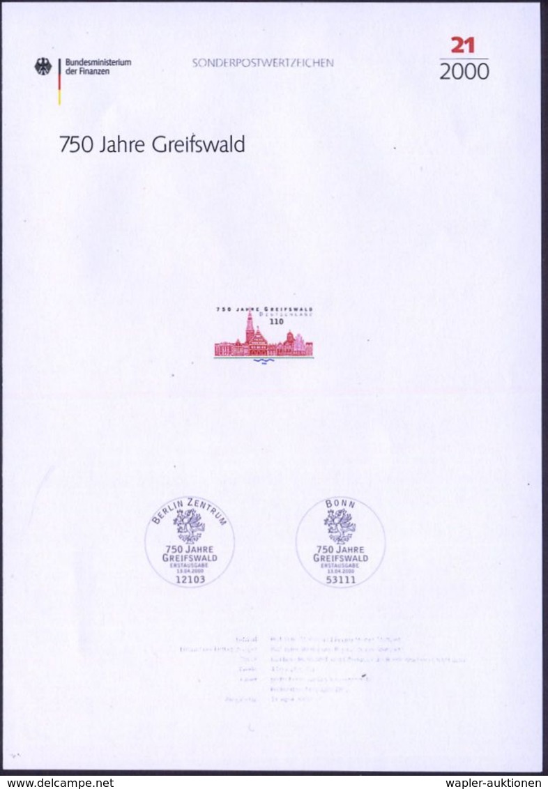 Greifswald 2000 (Apr.) 110 Pf. "750 Jahre Greifswald" + Amtl. Handstempel  "M U S T E R" , Postfr. + Amtl. Ankündigungsb - Autres & Non Classés