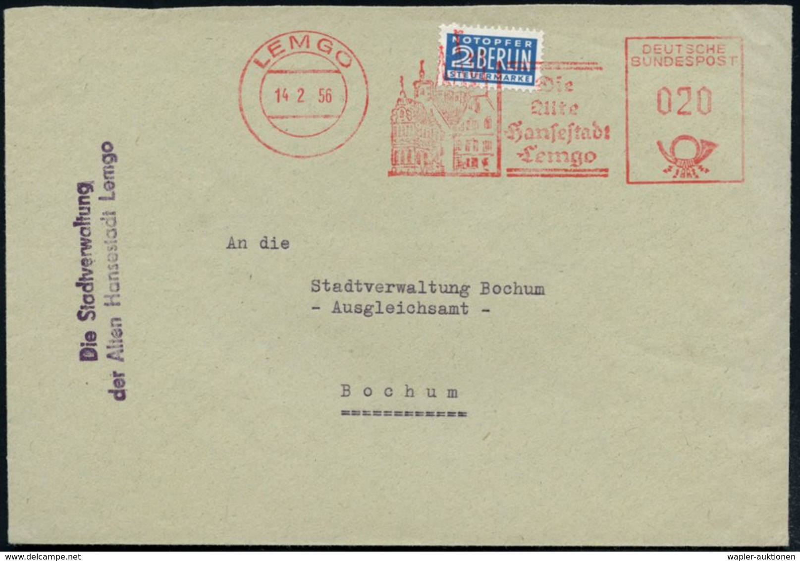 LEMGO/ Die/ Alte/ Hansestadt 1956 (14.2.) AFS = Histor. Altstadt Mit Dom Auf 2 Pf. NoB (VE = Lj. 2 Pf. NoB) + Viol.Abs.- - Otros & Sin Clasificación