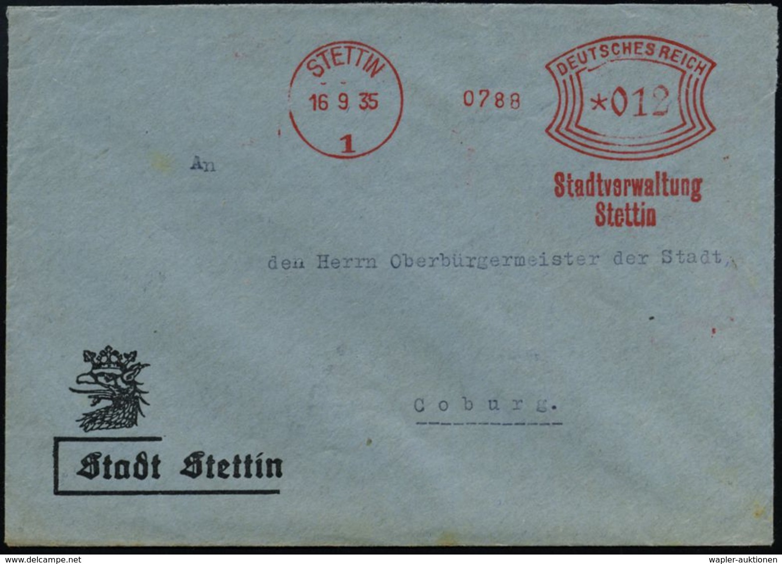 STETTIN/ 1/ Stadtverwaltung 1935 (16.9.) AFS Auf Dekorat., Kommunalem SU: Stadt Stettin Mit Stadtwappen  (Dü.E-1Am) - Lo - Autres & Non Classés