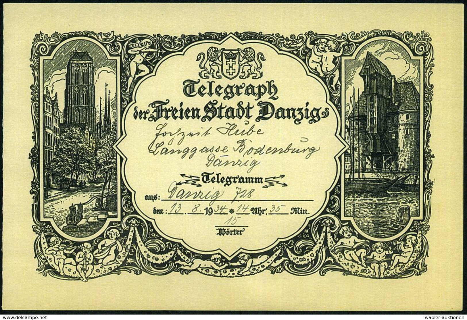 DANZIG 1934 (Aug.) Schmuckblatt-Telegramm "Telegraph Der Freien Stadt Danzig" = Marienkirche U. Krantor (unten Putten, M - Otros & Sin Clasificación