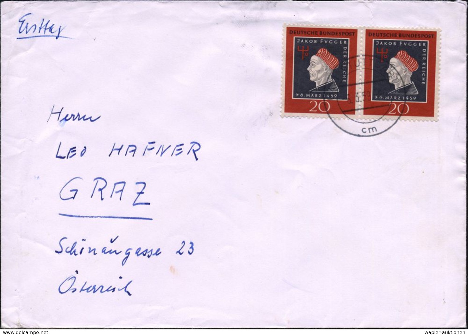 B.R.D 1959 (6.3.) 20 Pf. "500. Geburtstag Jakob Fugger", Reine MeF: Paar , Klar Gest., Portorichtiger Bedarfs-Ausl.-FDC  - Autres & Non Classés