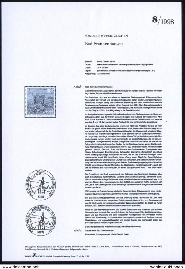 Bad Frankenhausen 1998 (März) 110 Pf. "1000 Jahre Bad Frankenhausen" Mit Amtl. Handstempel  "M U S T E R" , Postfr. + Am - Autres & Non Classés