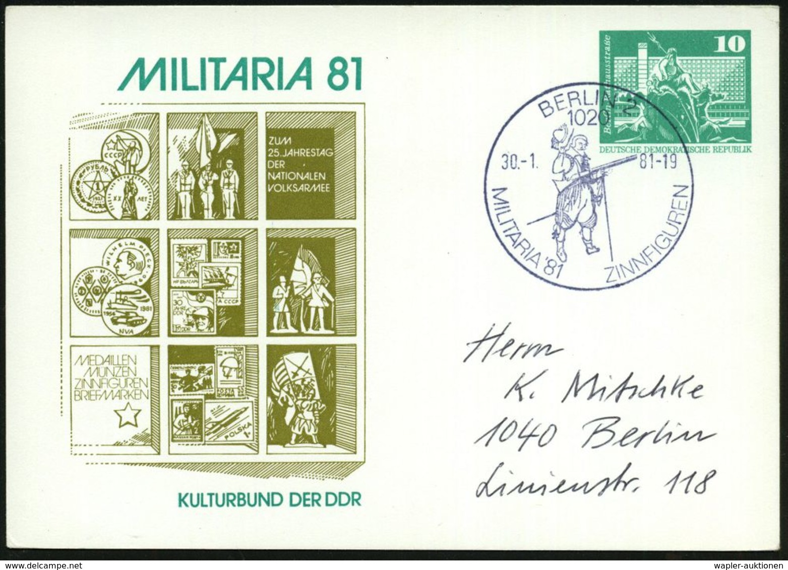 1020 BERLIN 2/ MILITARIA'81 ZINNFIGUREN 1981 SSt = Landsknecht-Musketier Auf Passender PP 10 Pf. Neptun-Brunnen, Grün: M - Autres & Non Classés