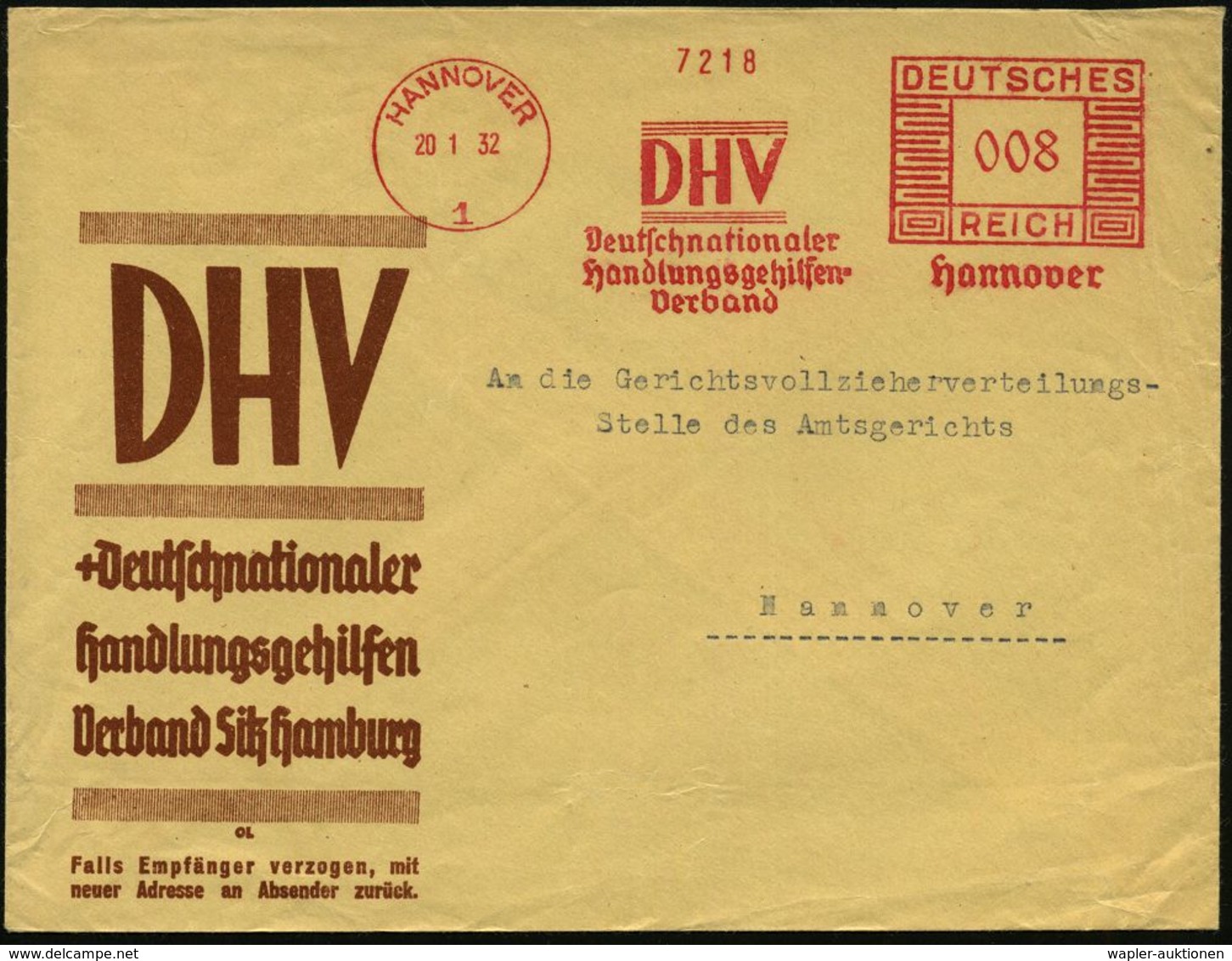 HANNOVER/ 1/ DHV/ Deutschnationaler/ Handlungsgehilfen-/ Verband.. 1932 (20.1.) AFS (Monogr.: DHV) Motivgl. ,dekorat. Vo - Sonstige & Ohne Zuordnung