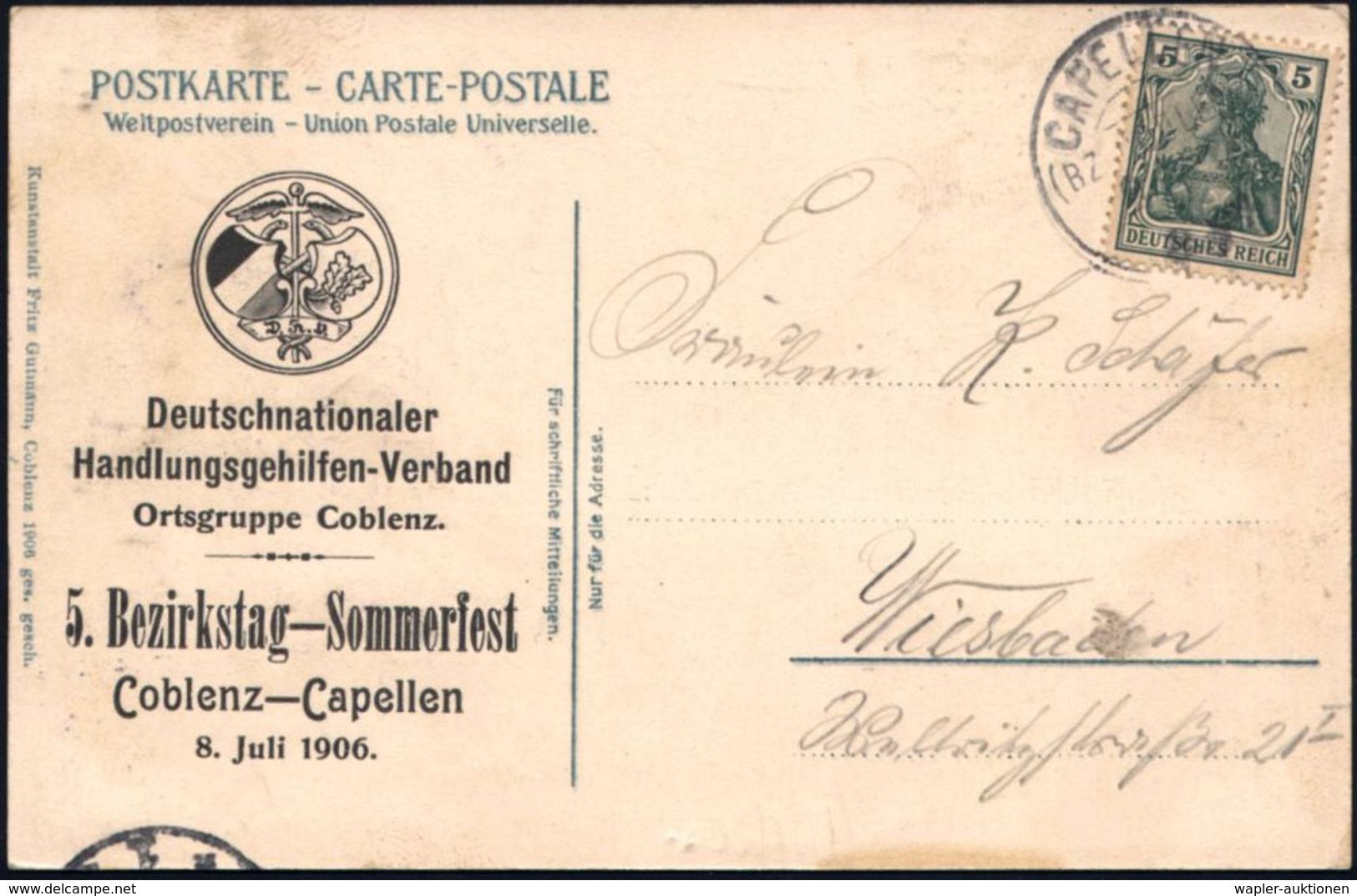 Koblenz-Capellen 1906 (8.7.) 1K-Segm.: CAPELLEN/(BZ COBLENZ) Auf Sonderkarte: Deutschnationaler Handlungsgehilfen-Verban - Autres & Non Classés