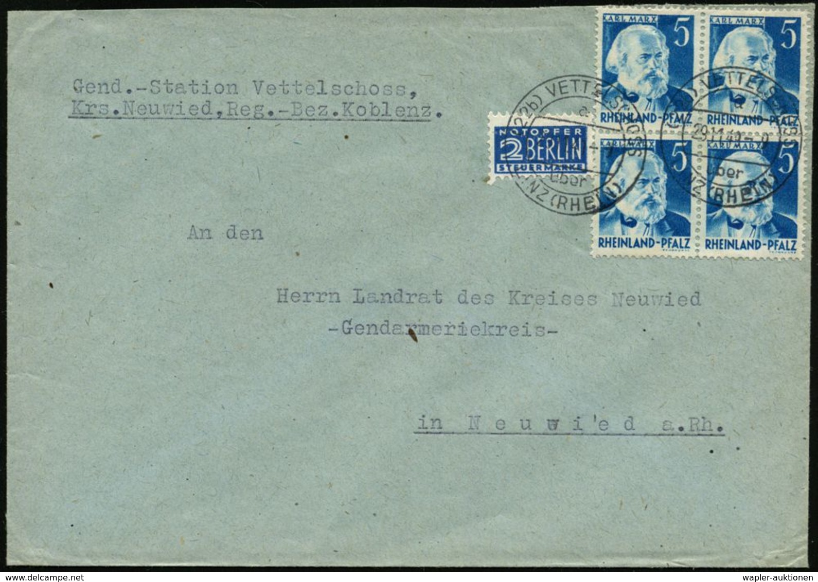 (22b) RHEINLAND PFALZ 1949 (29.11.) 5 Pf. Karl Marx, Reine MeF: 4er-Block + 2 Pf. NoB, Klar Gest. Fern-Bf. (Mi.34 MeF) - - Autres & Non Classés