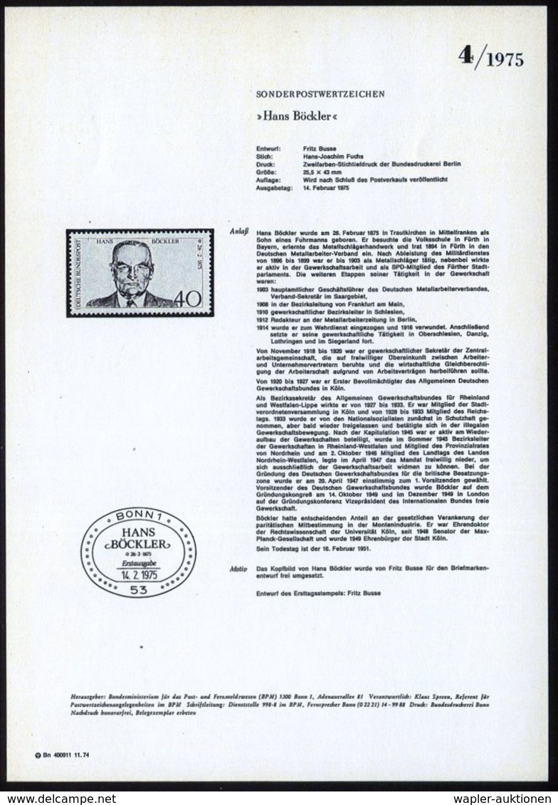 B.R.D. 1975 40 Pf. "100. Geburtstag Hans Böckler" Mit Amtl. Handstempel  "M U S T E R" , Postfr. + Amtl. Ankündigungsbla - Altri & Non Classificati