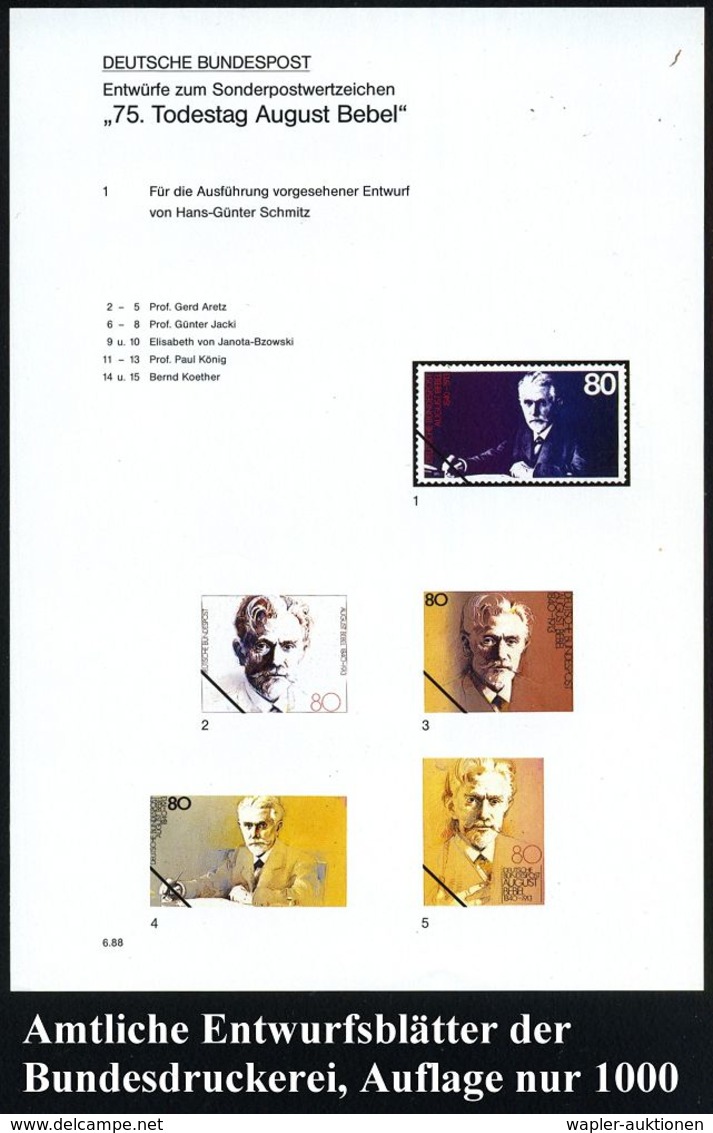 B.R.D. 1988 (Juni) 80 Pf. "75. Todestag August Bebel", 15 Verschied. Color-Alternativ-Entwürfe Der Bundesdruckerei Auf 3 - Autres & Non Classés