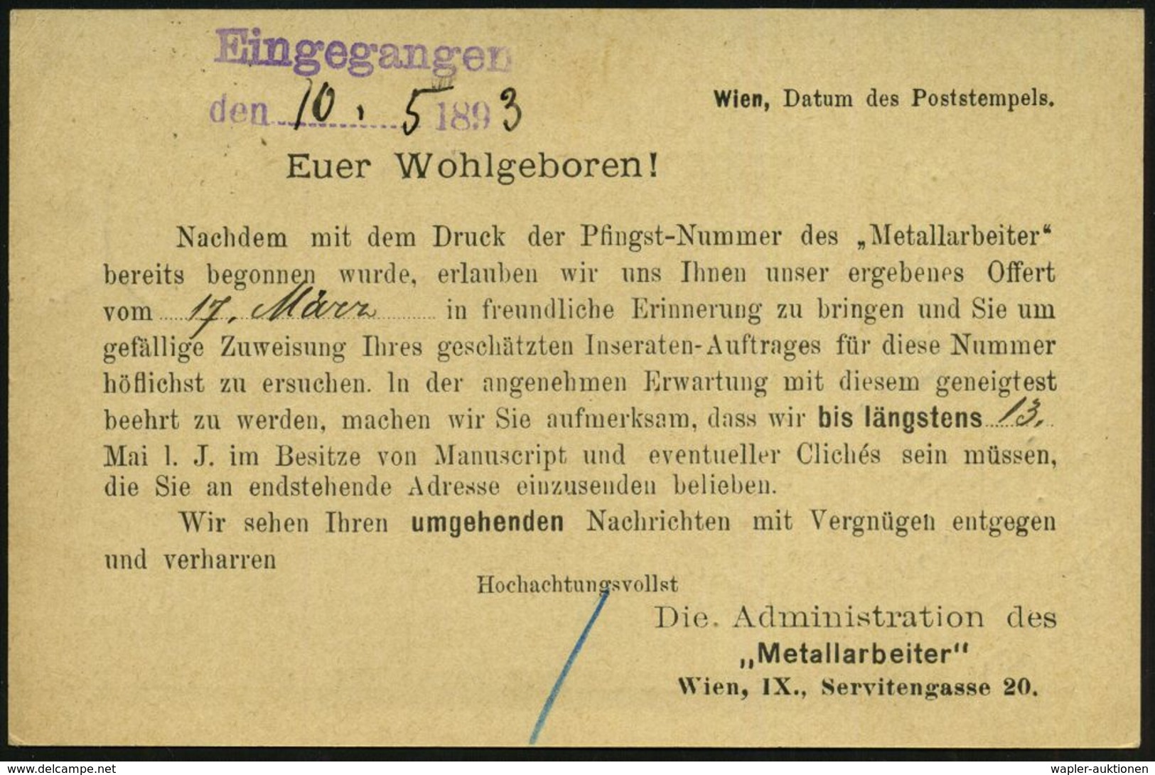 ÖSTERREICH 1893 (9.5.) Amtl. P 2 H. KFJ Torbogen Braun + Rs. Zudruck: ..Pfingst-Nummer "Metallarbeiter" (= Gewerkschafts - Autres & Non Classés