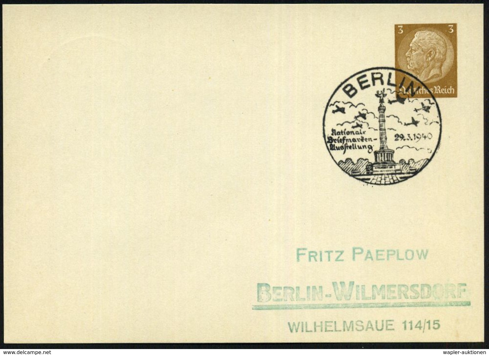 BERLIN/ Nationale/ Briefmarken-/ Ausstellung/ B 1940 (29.3.) Gesuchter SSt = Siegessäule Des Deutsch-französ. Krieges Mi - Otros & Sin Clasificación