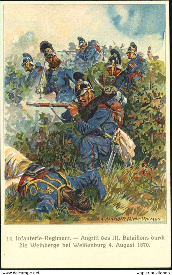 Nürnberg 1914 (Juli) PP 5 Pf. Huppwappen, Grün: 100-Jahrfeier 14. Inf. Regt.Hartmann:  Angriff Des III. Bataillons Durch - Autres & Non Classés