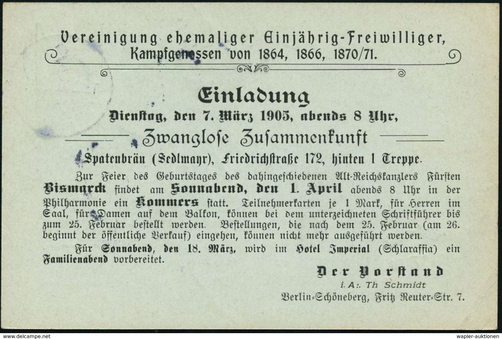 Berlin-Schöneberg 1905 (18.2.) Amtl. Orts-P 2 Pf. Germania + Zudruck: Vereinigung Ehem. Kampfgenossen V.1864, 1866, 1870 - Sonstige & Ohne Zuordnung