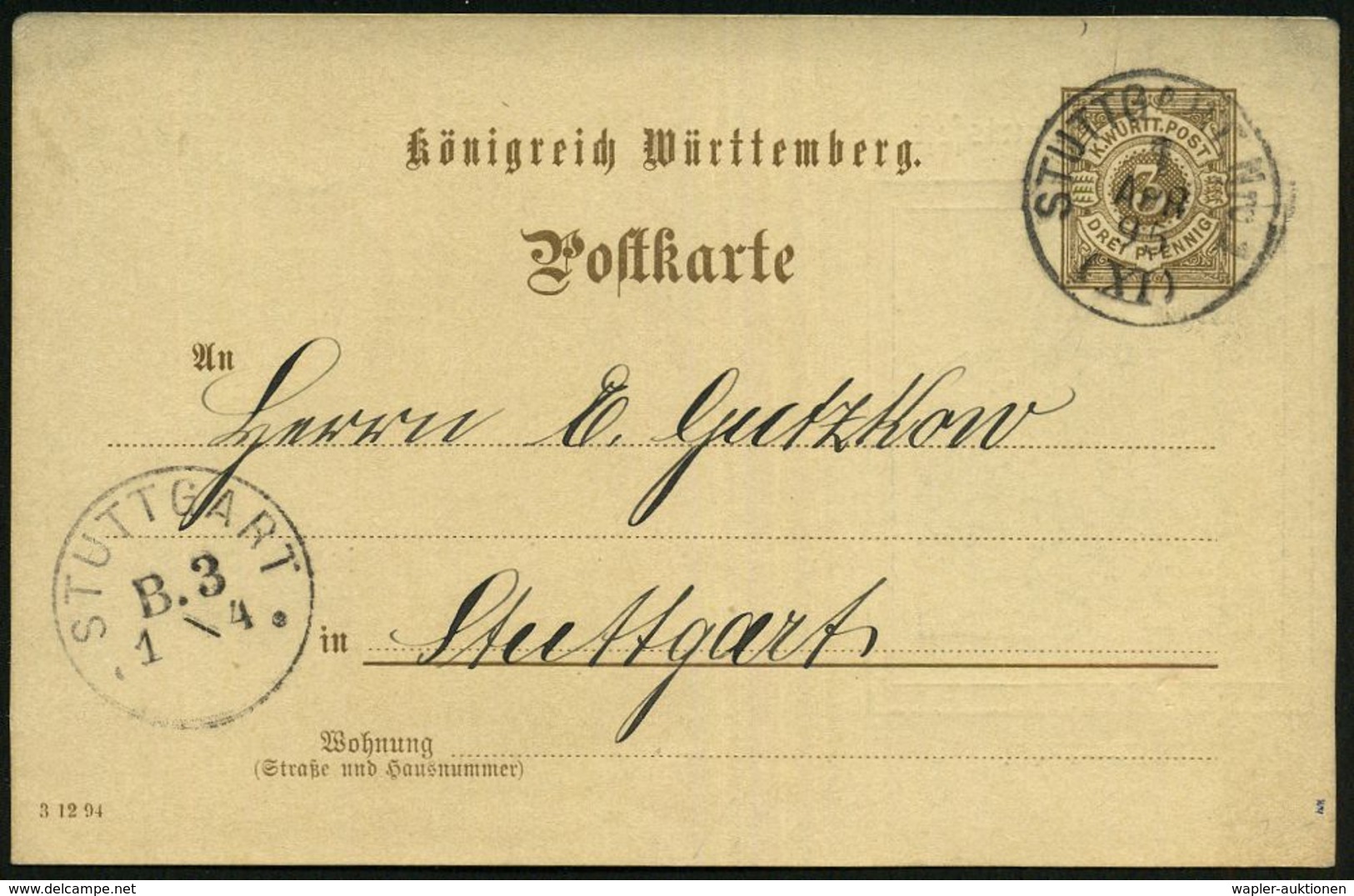 STUTTGART Nr.1 1895 (1.4.) 1K Auf Württemberg PP 3 Pf. Ziffer Braun: Zum 80.Geburtstagsfest/1815 - 1895 = Bismarck-Brust - Autres & Non Classés