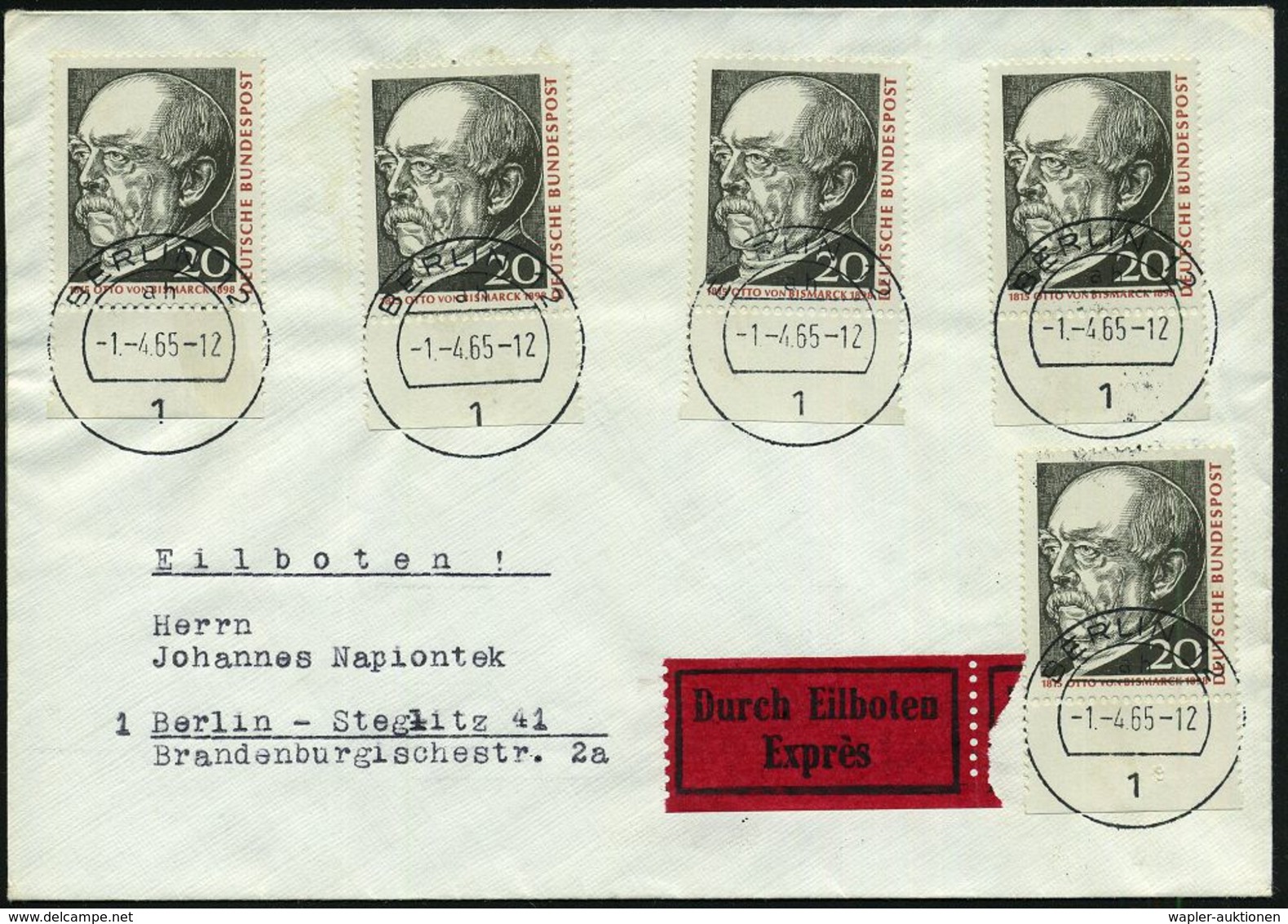 B.R.D. 1965 (1.4.) 20 Pf. "150. Geburtstag Otto V. Bismarck", Reine MeF: 5 Unterrandstücke , Klar Einzeln Gest. (1 BERLI - Autres & Non Classés