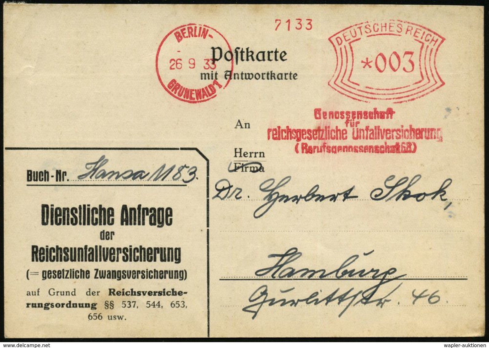 BERLIN-/ GRUNEWALD 1/ Genossenschaft/ Für/ Reichsgesetzl.Unfallversicherung/ (Berufsgenssenschaft 68) 1933 (26.9.) AFS A - Autres & Non Classés