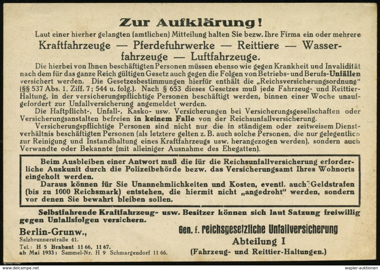 BERLIN-/ GRUNEWALD 1/ Genossenschaft/ Für/ Reichsgesetzl.Unfallversicherung/ (Berufsgenssenschaft 68) 1933 (26.9.) AFS A - Autres & Non Classés