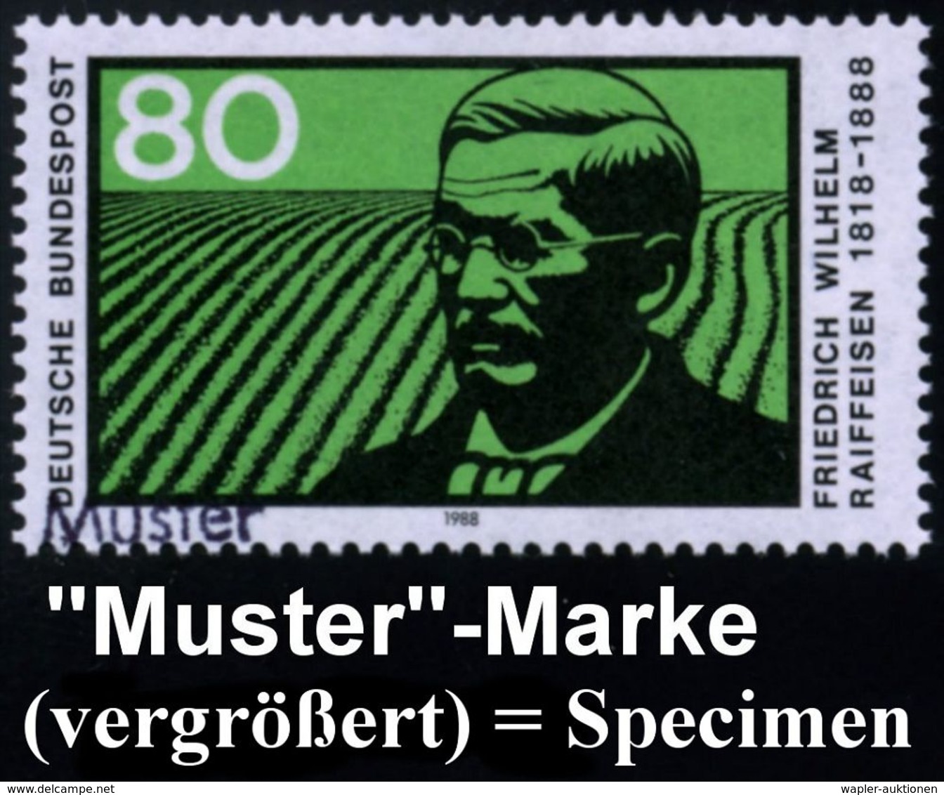 B.R.D. 1988 (Feb.) 80 Pf. "100.Todestag F. W.  Raiffeisen" Mit Amtl. Handstempel  "M U S T E R" , Postfr. + Amtl. Ankünd - Autres & Non Classés