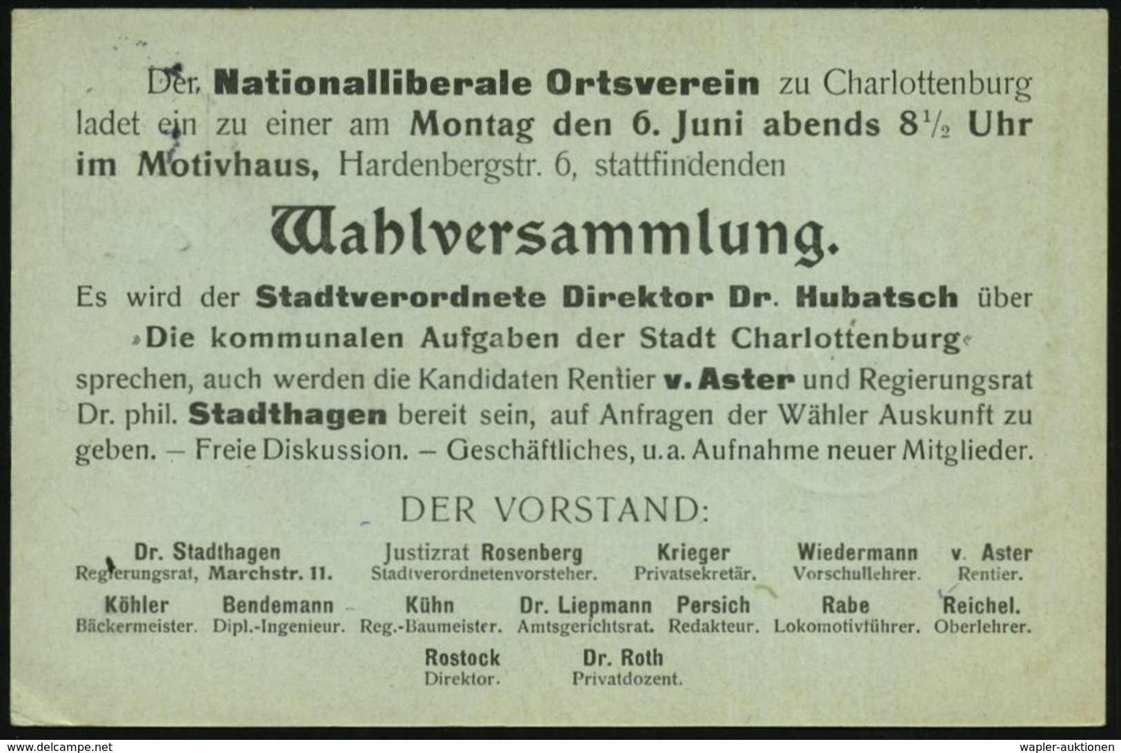 Berlin-Charlottenburg 1904 (5.6.) Amtl. Orts-P 2 Pf. Germania + Rs. Zudruck: Der Nationalliberale Ortsverein.. Wahlver-s - Altri & Non Classificati