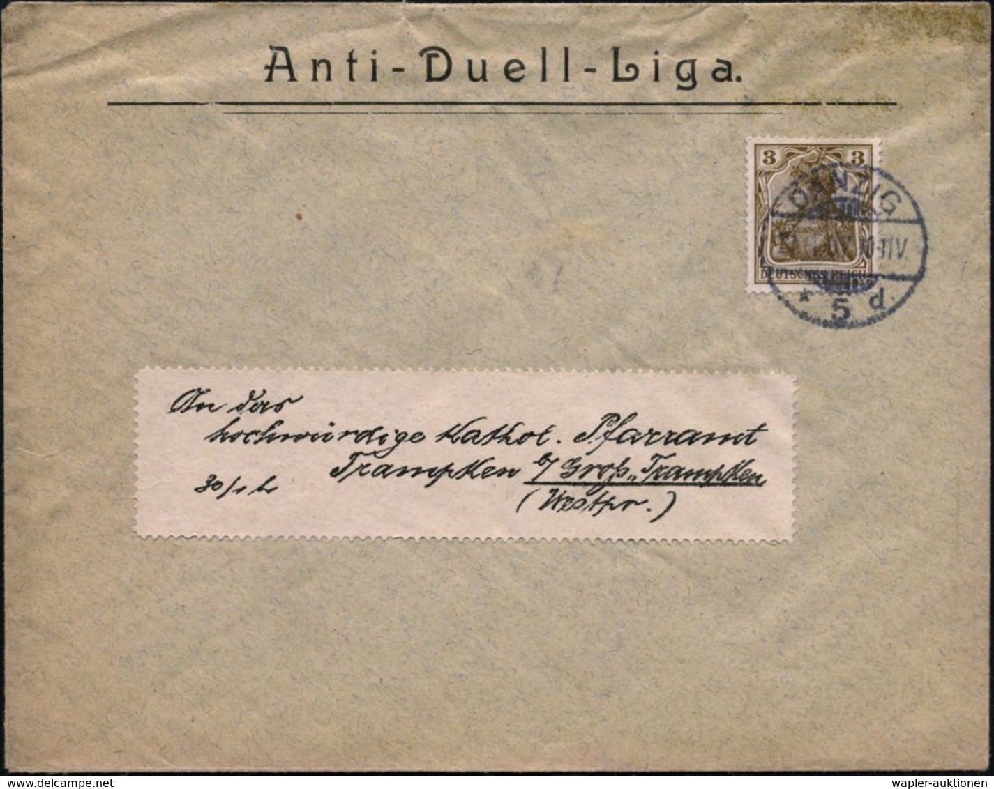 DANZIG/ *5d 1907 (21.1.) 1K-Gitter Auf Vordr.-Bf: Anti-Duell-Liga , Seltene Inl.-Drs. (Mi.84 I) - Flughafen / Airport /  - Autres & Non Classés