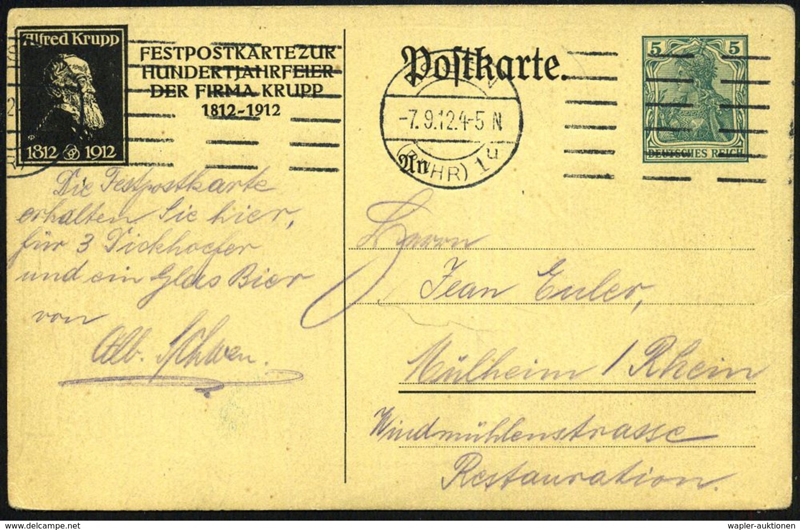 ESSEN/ (RUHR) 1/ U 1912 (7.9.) Bd.MaSt. Auf PP 5 Pf. Germania, Grün: HUNDERTJAHRFEIER FIRMA KRUPP (Arbeiter, Krupp-Denkm - Autres & Non Classés