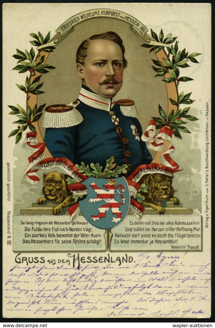 Kassel 1908 (16.8.) 1K-Gitter: CASSEL/*2m Auf Color-Litho-Ak.: GRUSS AUS DEM HESSENLANDE.. / FRIEDR. WILHELM I. KURFÜRST - Autres & Non Classés