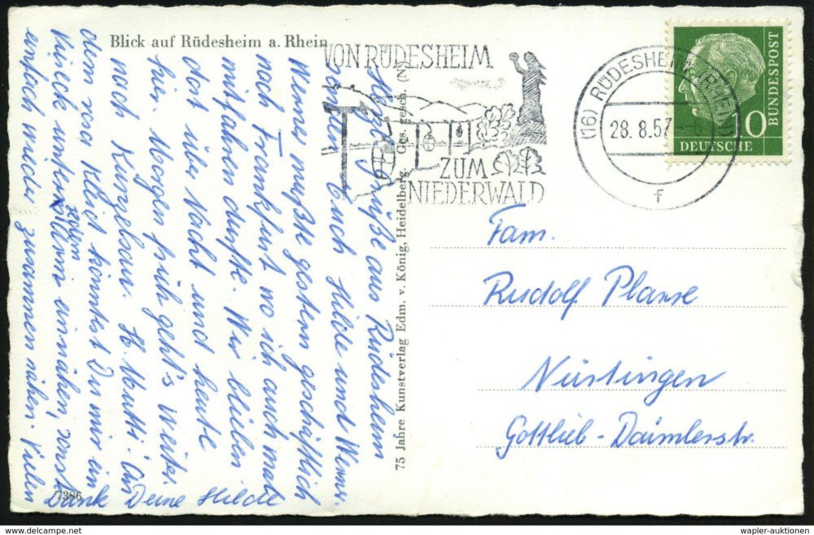 (16) RÜDESHEIM (RHEIN)/ F/ VON RÜDESHEIM/ ZUM/ NIEDERWALD 1957 (18.8.) MWSt = Niederwald-Denkmal (Germania) Erinnerung A - Otros & Sin Clasificación