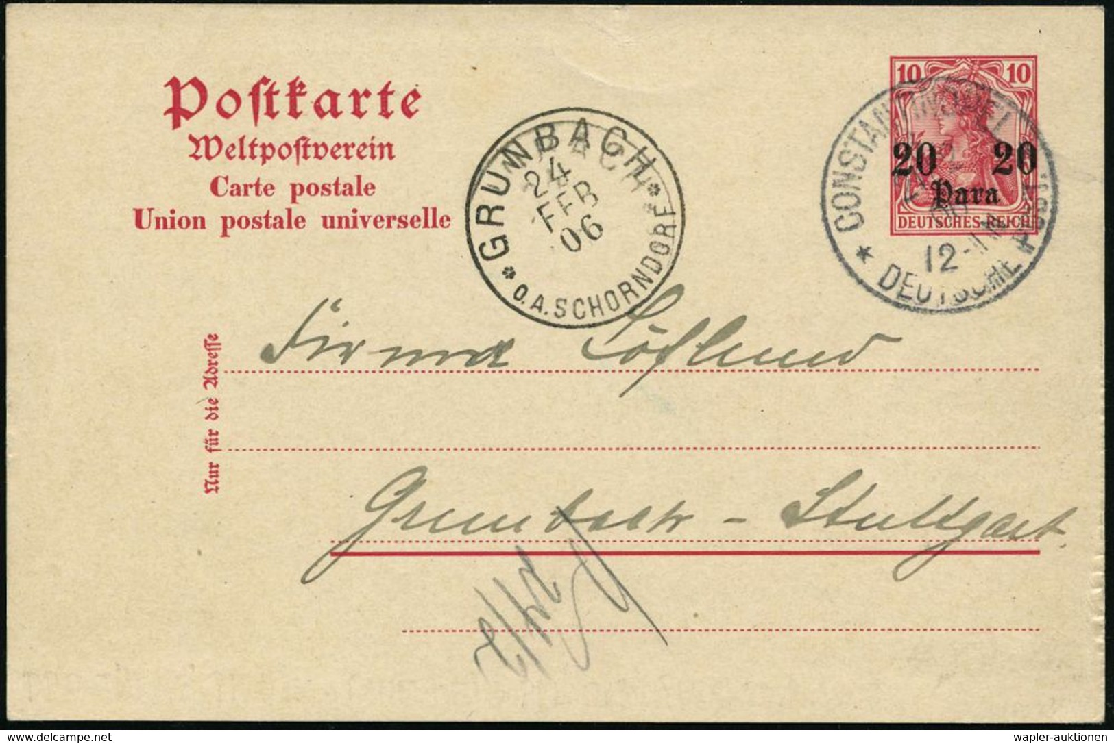 DEUTSCHE POST TÜRKEI 1906 (21.2.) Amtl. P Germania 20 Para/10 Pf., Rot + Rs. Zudruck: Constantinopel.. DEUTSCHE BOTSCHAF - Autres & Non Classés