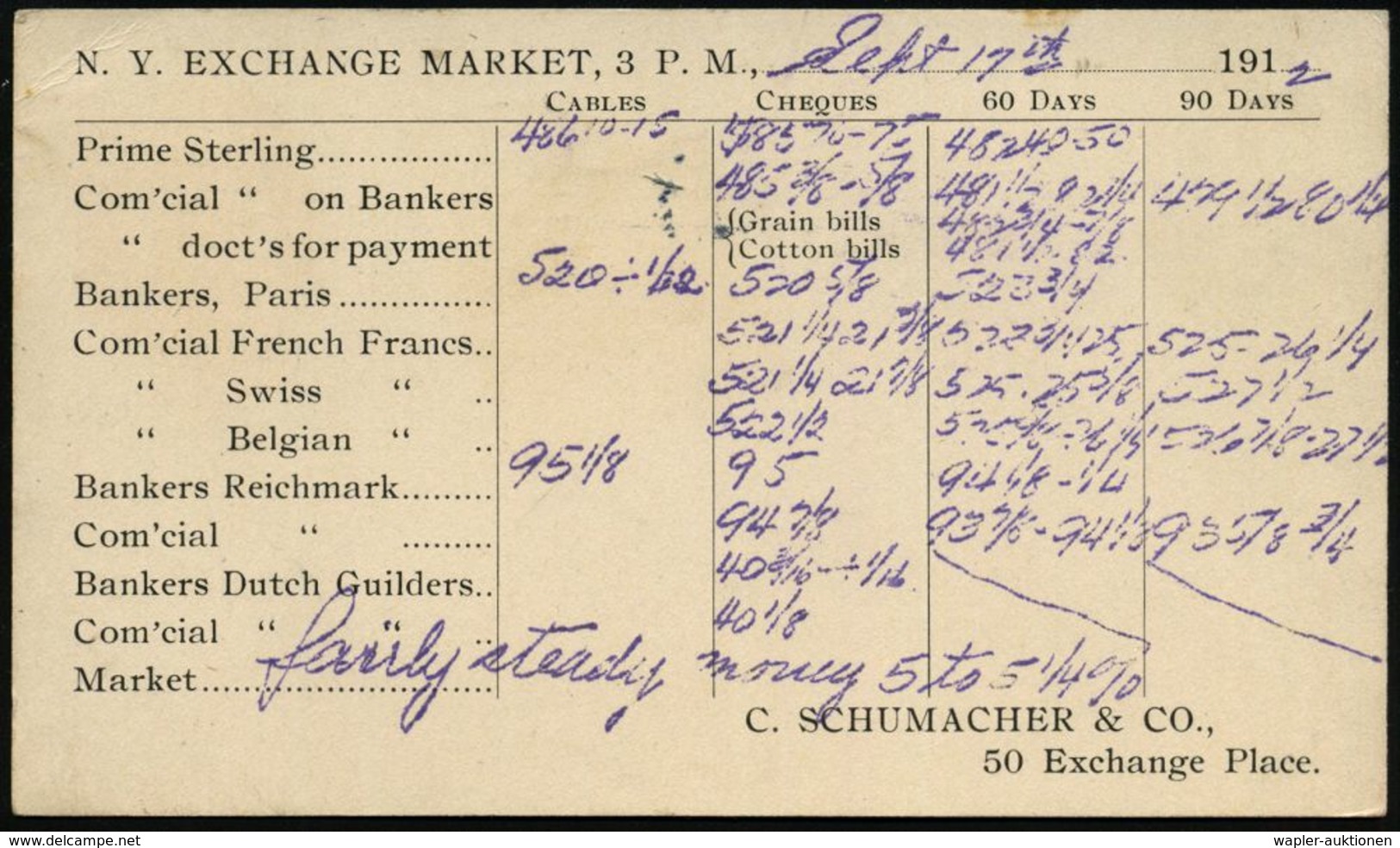 U.S.A. 1912 (17.9.) Amtl. P 1 C.McKinley, Rot + Rs. Zudruck: N.Y. EXCHANGE MARKET Mit Devisen-Kursen , Dabei "Bankers U. - Autres & Non Classés