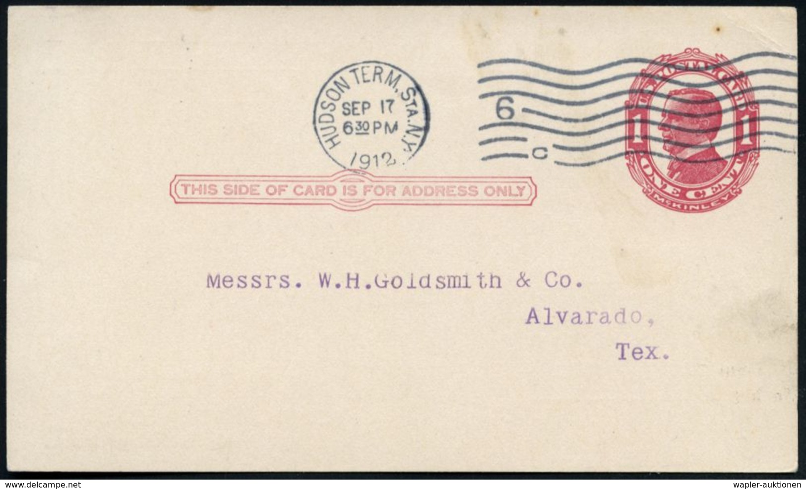 U.S.A. 1912 (17.9.) Amtl. P 1 C.McKinley, Rot + Rs. Zudruck: N.Y. EXCHANGE MARKET Mit Devisen-Kursen , Dabei "Bankers U. - Autres & Non Classés