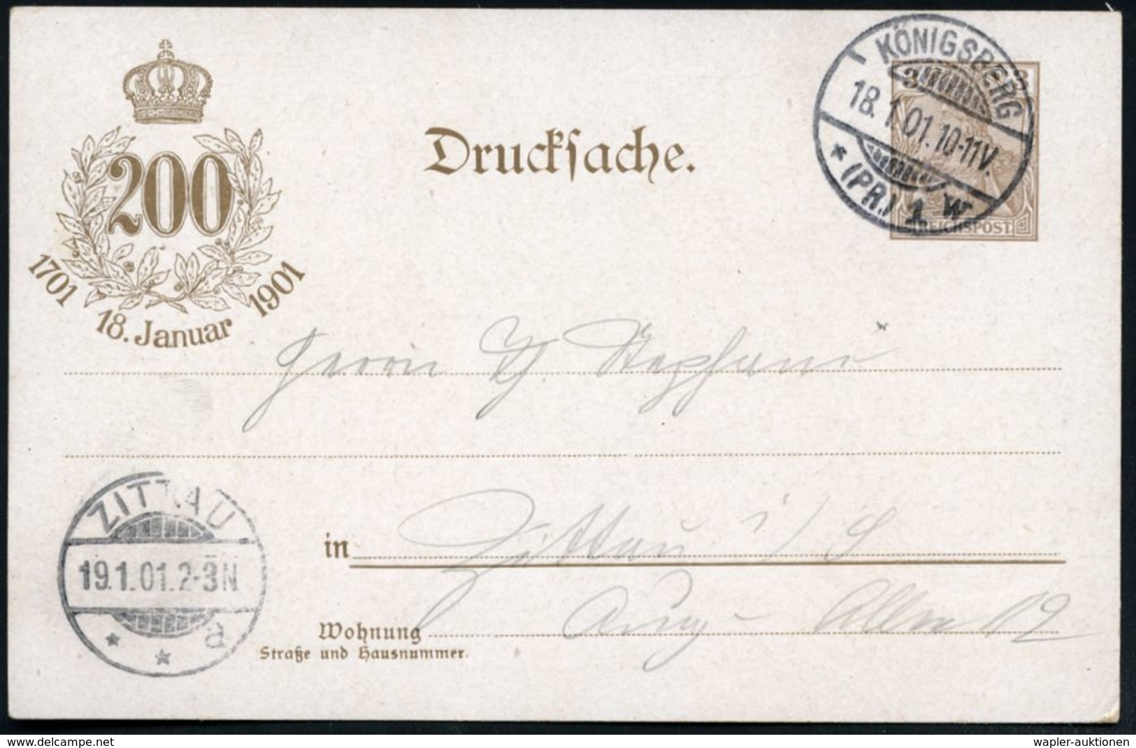 KÖNIGSBERG/ *(PR.)1/ W 1901 (18.1.) 1K-Gitter Auf PP 3 Pf. Germania, Braun: 200jähr. Bestehen Königreich Preussen = Frie - Autres & Non Classés