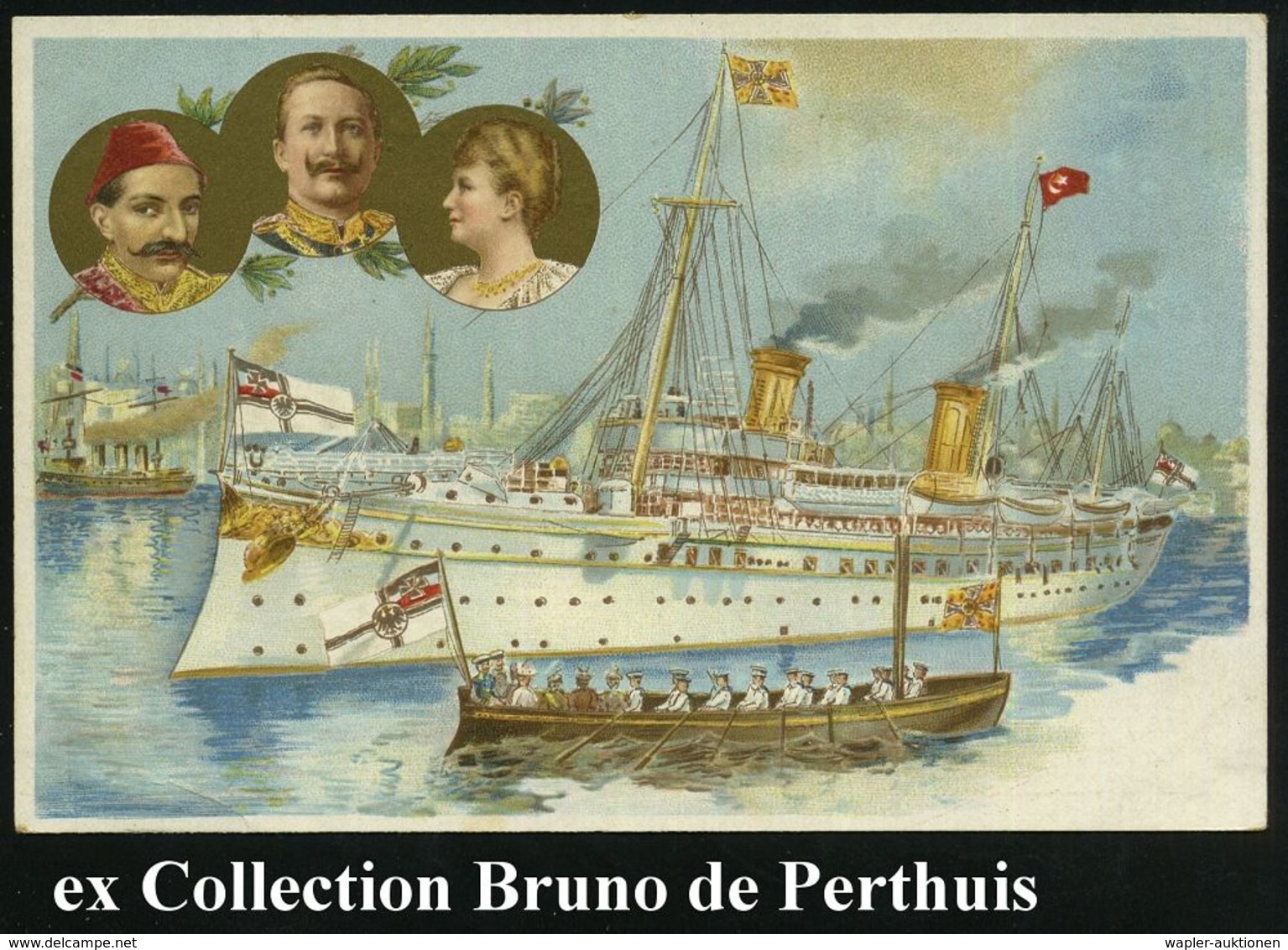 DEUTSCHES REICH 1898 (Okt.) Französ. Color-Litho-Ak.: Besuch Kaiser Wilhelm II In Konstantinopel, Kaiser-Yacht "Hohenzol - Autres & Non Classés