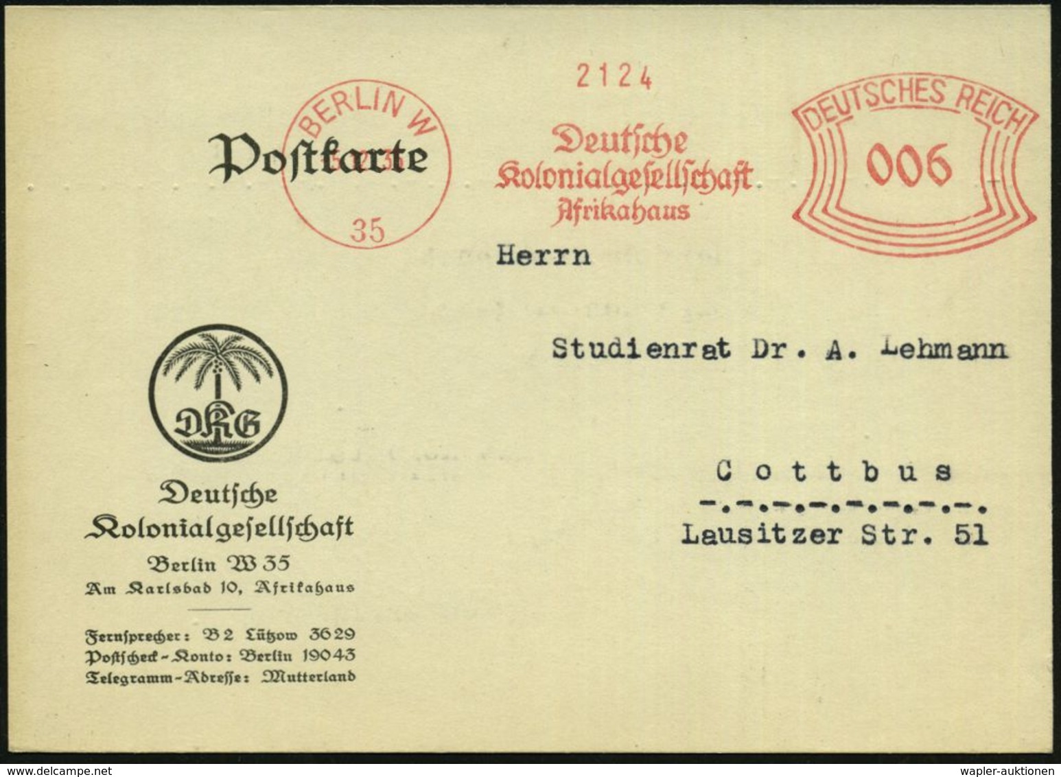 BERLIN W/ 35/ Deutsche/ Kolonialgesellschaft/ Afrikahaus 1935 (8.11.) Seltener AFS Auf Dekorat. Vordr.-Kt : "D K G" Mit  - Autres & Non Classés