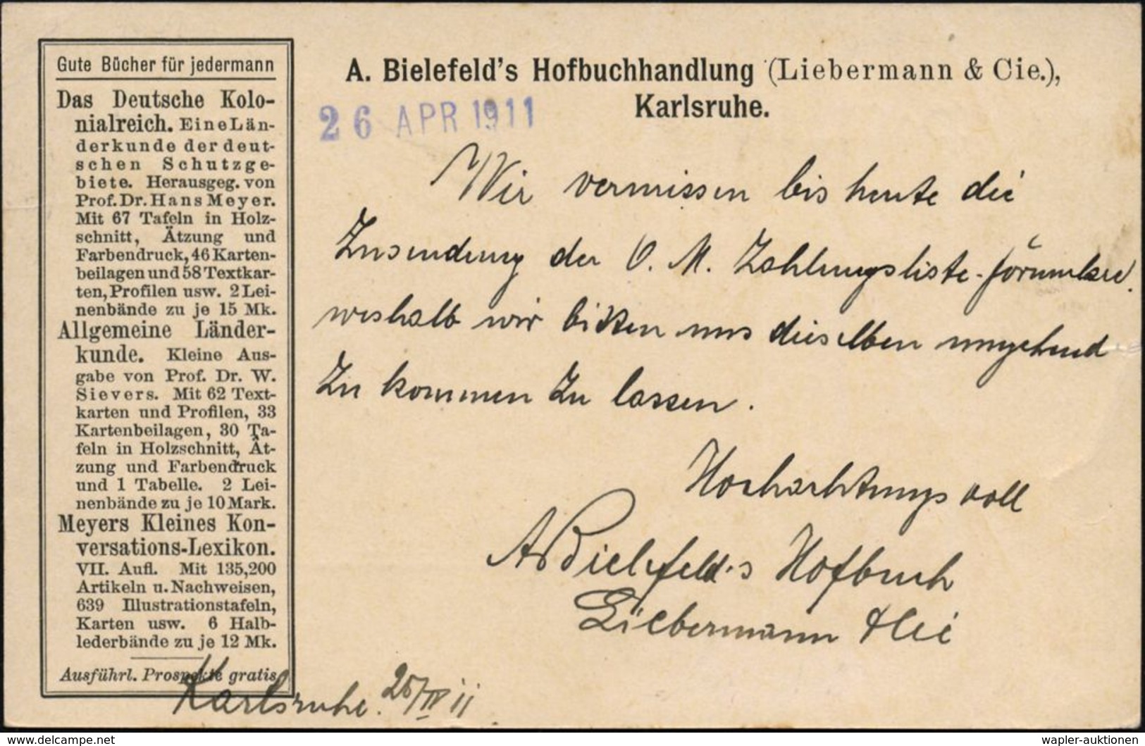 KARLSRUHE/ *(BADEN)2/ K 1911 (25.4.) 1K-Gitter Auf Inl.-P 5 Pf. Germania + Rs. Reklame-Zudruck: Das Deutsche Kolonialrei - Autres & Non Classés