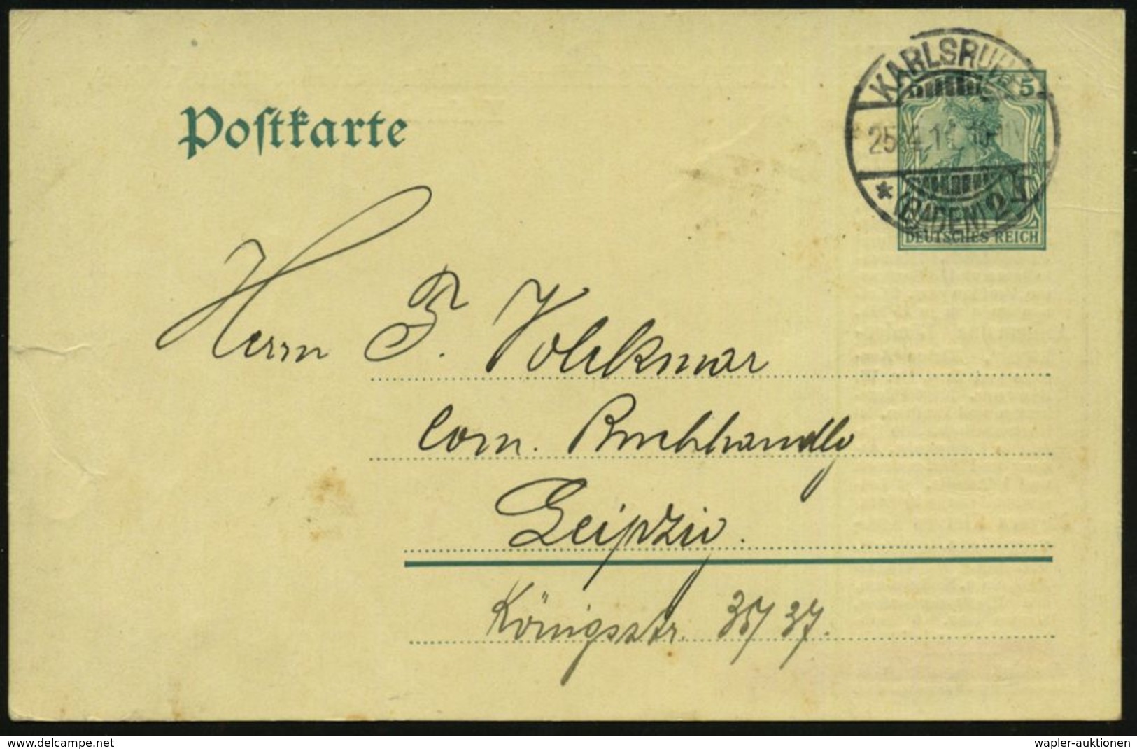 KARLSRUHE/ *(BADEN)2/ K 1911 (25.4.) 1K-Gitter Auf Inl.-P 5 Pf. Germania + Rs. Reklame-Zudruck: Das Deutsche Kolonialrei - Autres & Non Classés