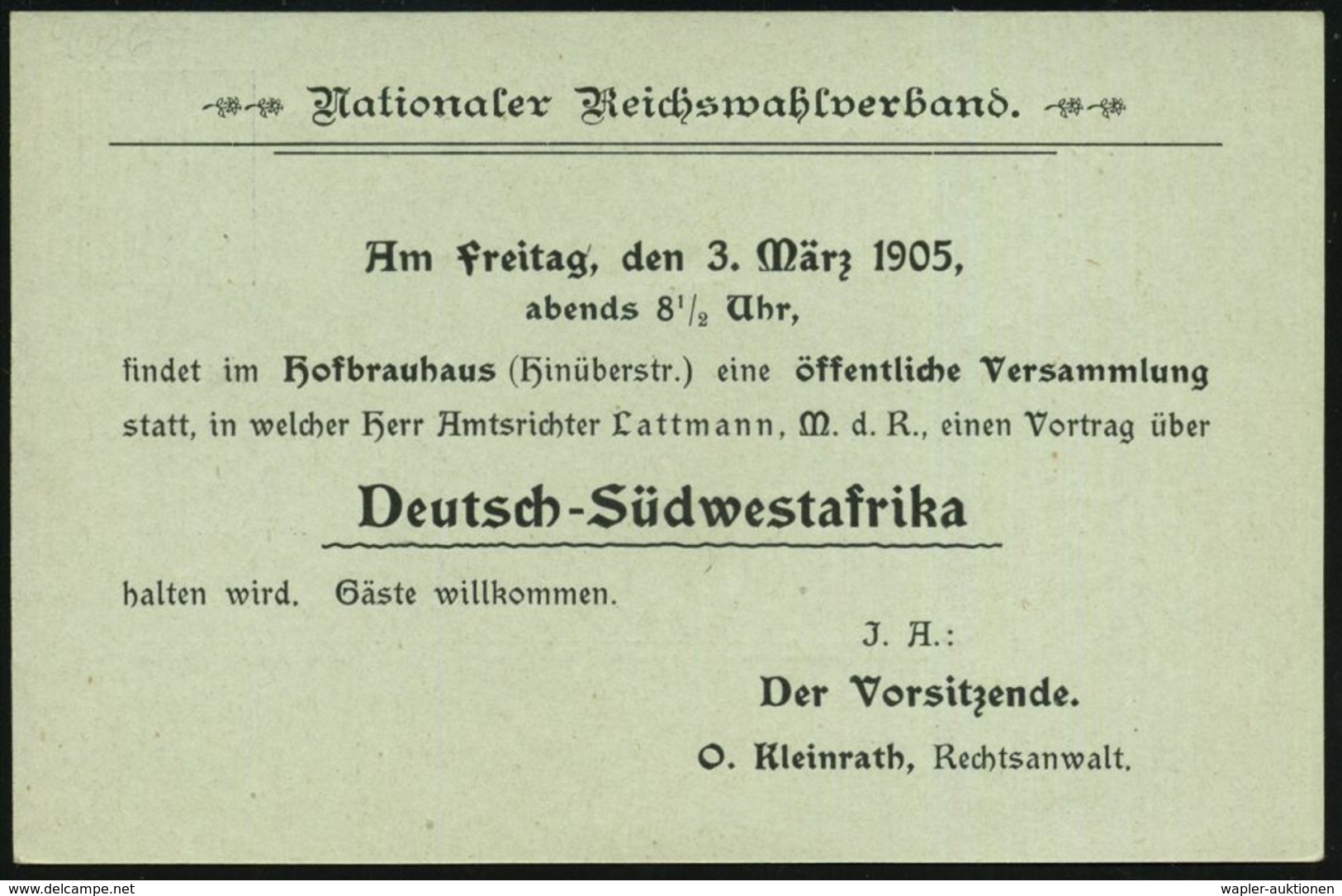 München 1905 (3.3.) Amtl. Orts-P 2 Pf. Germania + Rs. Zudruck: Nationaler Reichswahlverband.. Hofbräuhaus..Vortrag über  - Autres & Non Classés