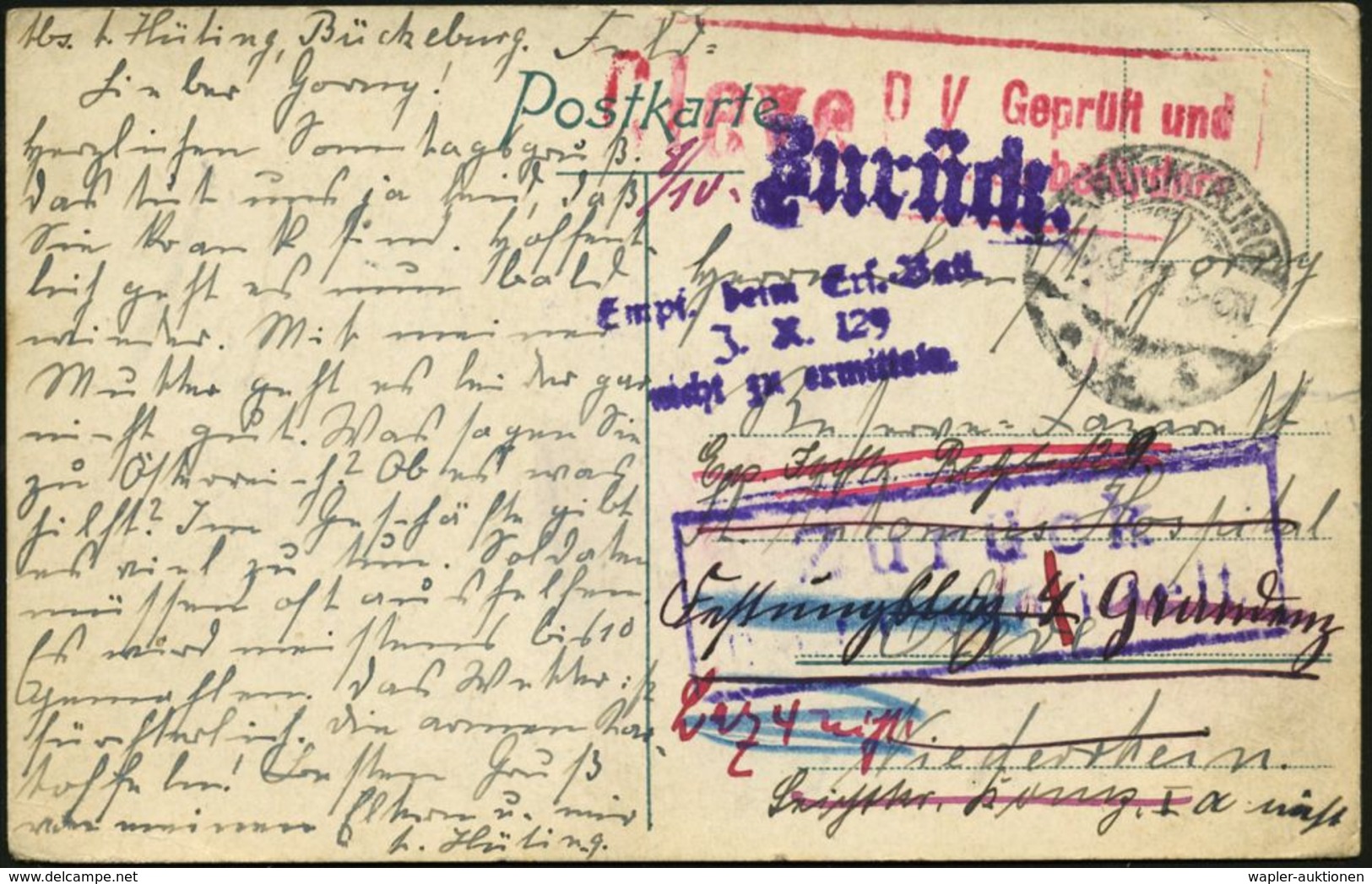 BÜCKEBURG 1918 (Sept.) 1K-Steg + Roter Ra.: Cleve/P.K./Geprüft U./zu Befördern + 2 Viol. HdN: Zurück + Viol. 3L: Empf. B - Guerre Mondiale (Première)