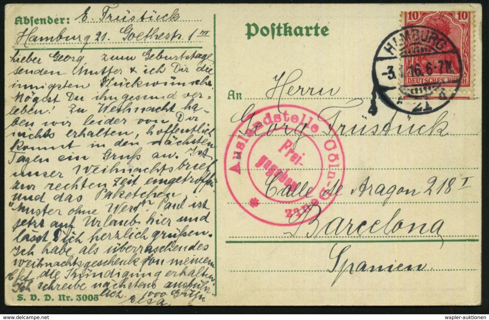 HAMBURG/ *21d 1916 (3.1.) 1K-Gitter Auf EF 10 Pf. Germania (Schrentrennung) + Seltener, Roter Zensur-2K: Auslandsstelle  - Guerre Mondiale (Première)
