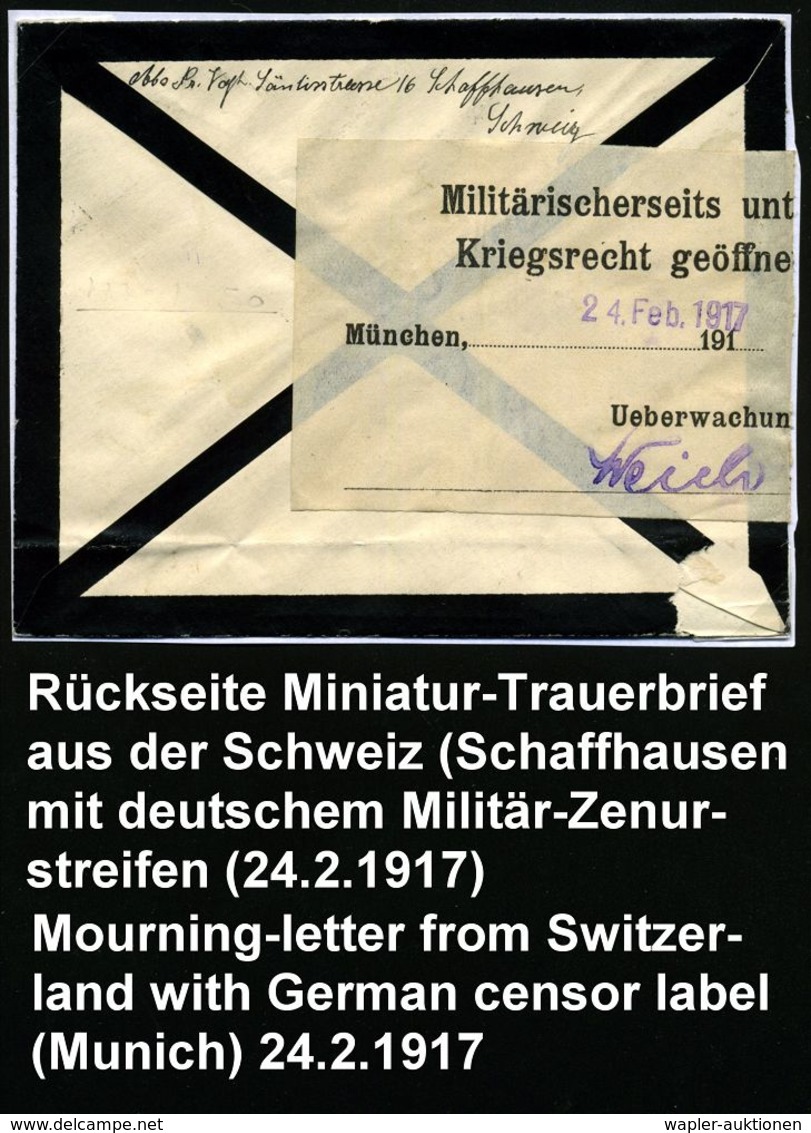 München 1917 (21.2.) 5 C. Tellknabe, Grün, Reine MeF: 5 Stück , 1K: SCHAFFHAUSEN 1 + Weißer Zensurzettel: München/ Milit - Guerre Mondiale (Première)