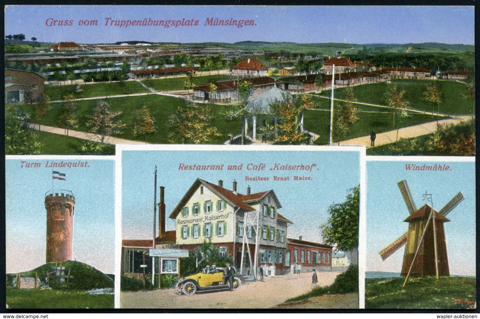 MÜNSINGEN (WÜRTT.)/  ÜBUNGSPLATZ 1915 (23.8.) 1K = Hauspostamt Truppenübungsplatz Auf Color-Feldost-Ak.: Gruss Vom Trupp - Guerre Mondiale (Première)