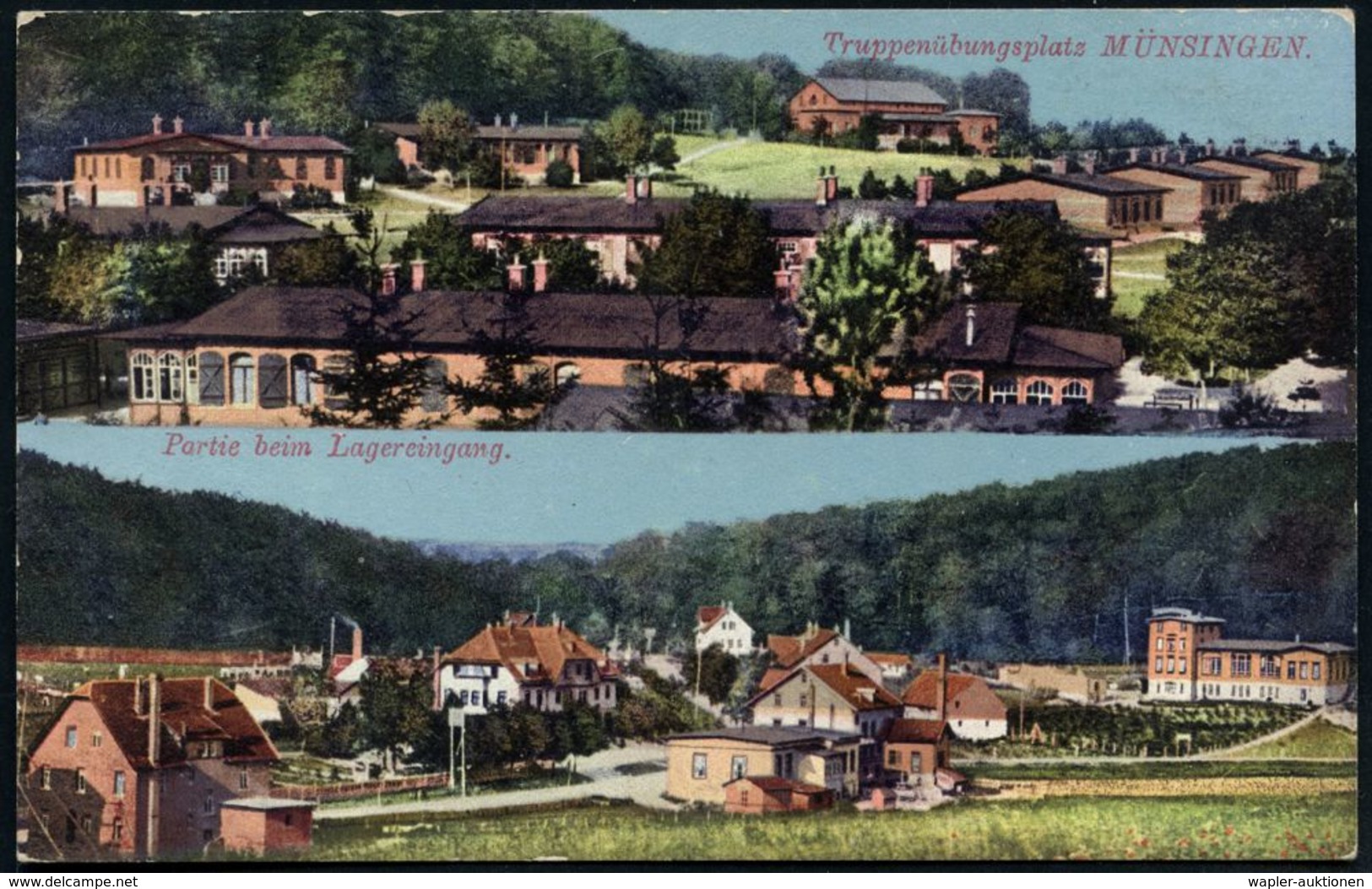 MÜNSINGEN (WÜRTT.)/ A* 1915 (5.9.) 1K Auf Color-Feldpost-Ak.:Truppenübungsplatz MÜNSINGEN (2 Ansichten) An Truppenübungs - Guerre Mondiale (Première)