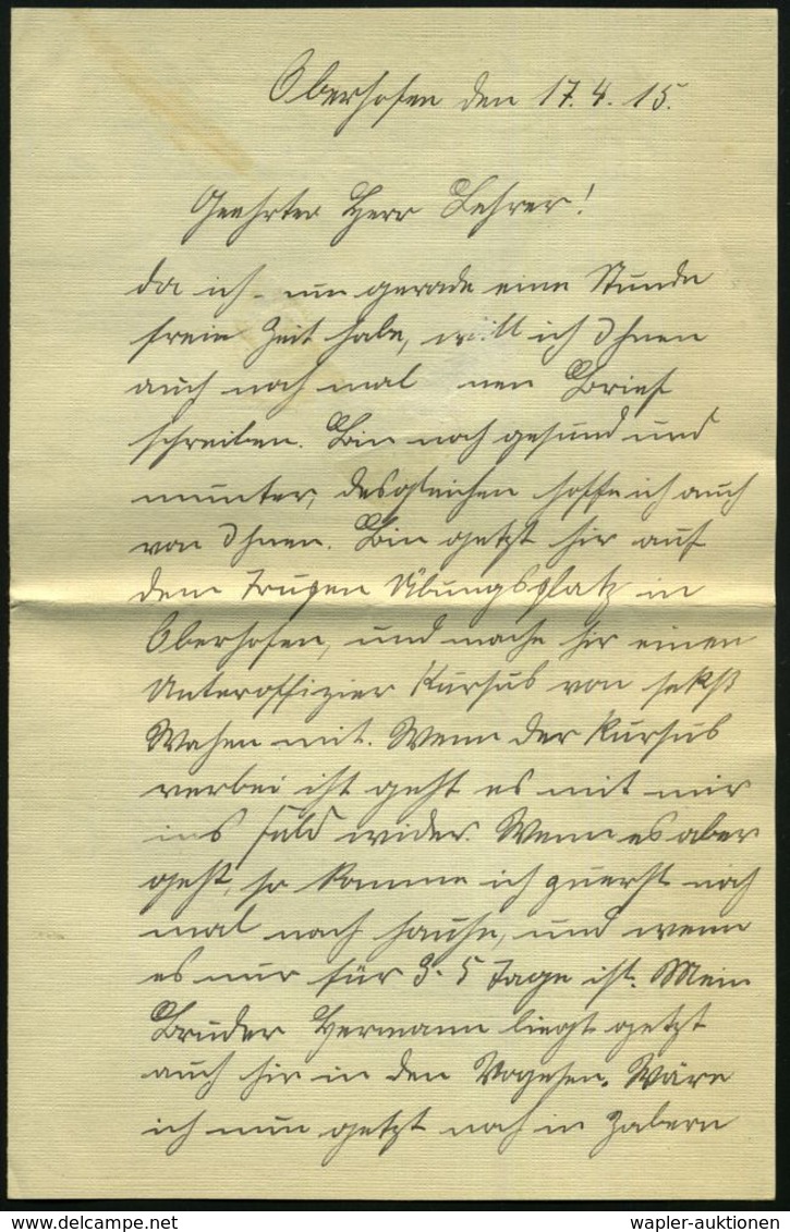 OBERHOFEN/ (ELS.)/ ÜBUNGSPLATZ 1915 (17.4.) 1K-Steg + Viol. 2L: ...Uebungskursus XV. A.(rmee) K.(orps) , Kleiner Feldpos - Guerre Mondiale (Première)